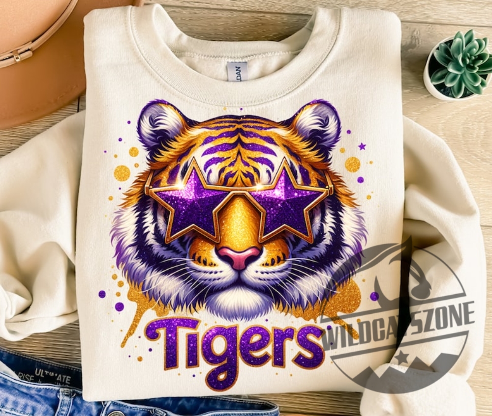 Geauxmaha Dreams & Tiger Pride: LSU Spirit in Every Stitch 7 Lsu Tigers Mascot Glitter Purple Stars T Shirt Hoodie Crewneck