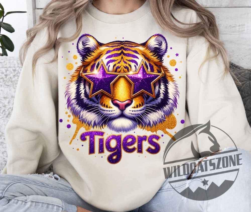 Lsu Tigers Mascot Glitter Purple Stars T Shirt Hoodie Crewneck 6 LSU Tigers Mascot Glitter Purple Stars T Shirt Hoodie Crewneck